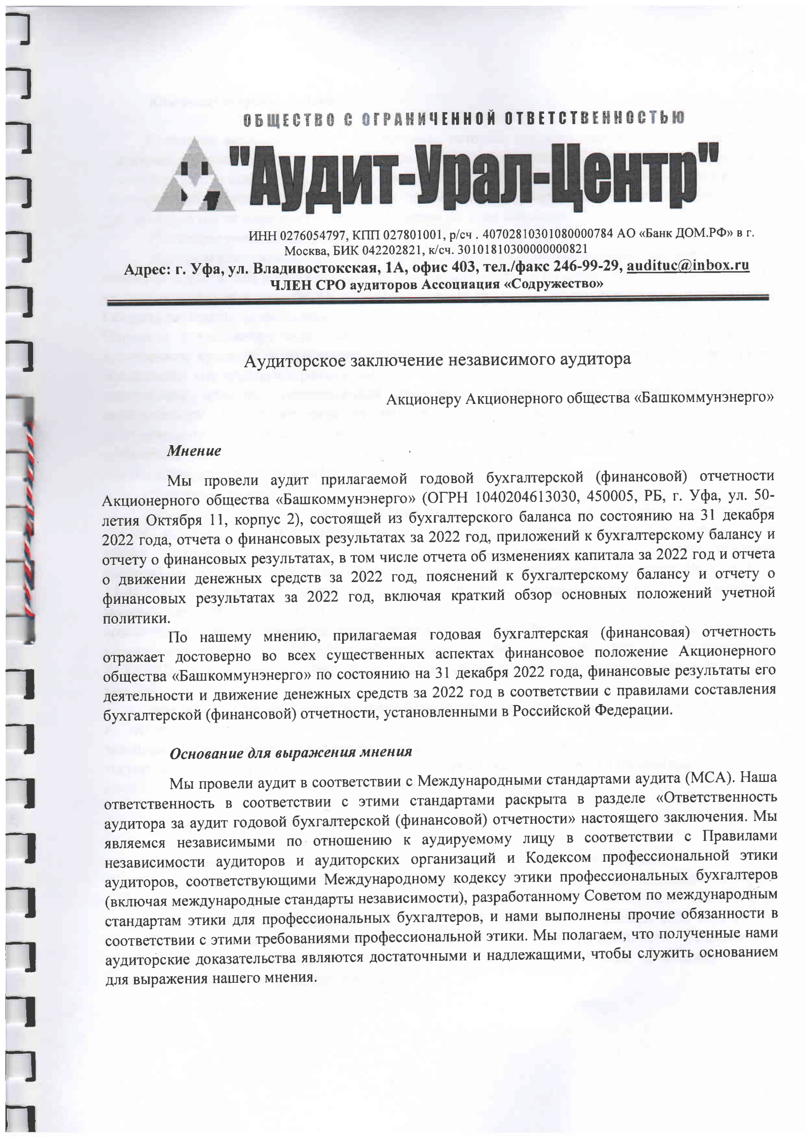 Аудиторское заключение за 2022-1